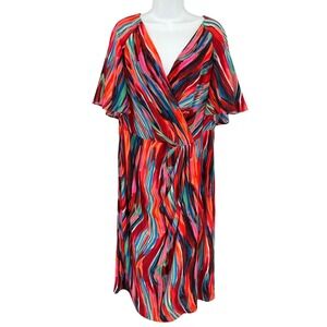Maggy London Woman Dress 16W Multicolor Abstract Bold Flutter Sleeve‎ Maxi Artsy